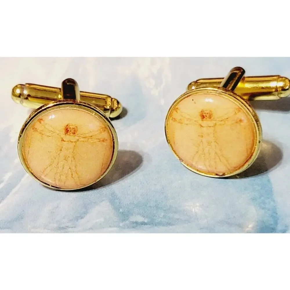 Michelangelo Cuff Links Gold Tone Round Sepia Body Map Lucite .5